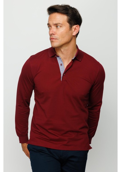 Erkek Polo Yaka Uzun Kollu Sweatshirt Bordo