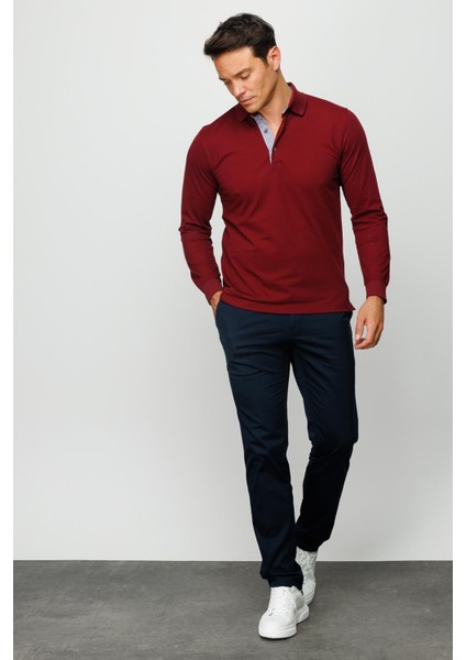 Erkek Polo Yaka Uzun Kollu Sweatshirt Bordo