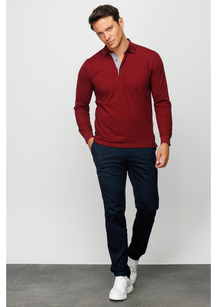 Erkek Polo Yaka Uzun Kollu Sweatshirt Bordo