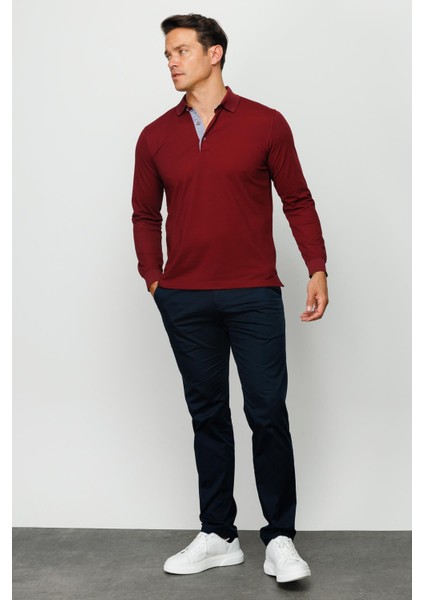 Erkek Polo Yaka Uzun Kollu Sweatshirt Bordo