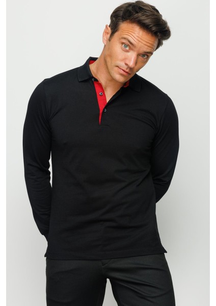 Erkek Polo Yaka Uzun Kollu Sweatshirt Siyah