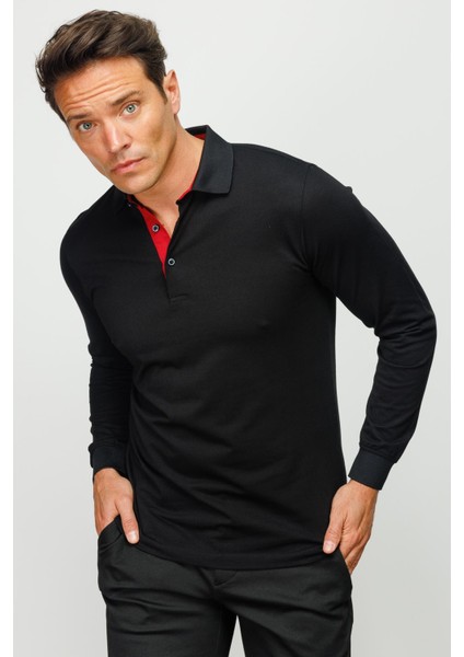 Erkek Polo Yaka Uzun Kollu Sweatshirt Siyah fiyatları