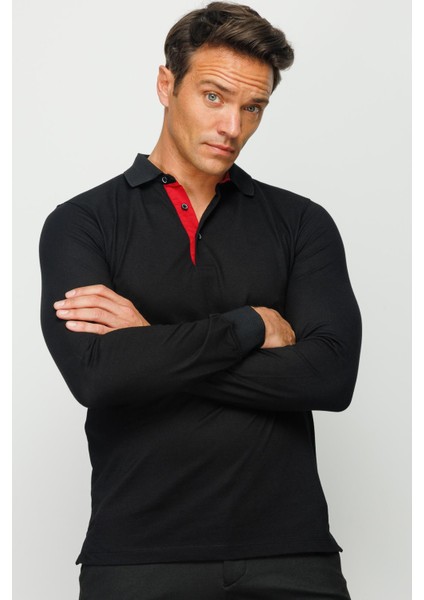Erkek Polo Yaka Uzun Kollu Sweatshirt Siyah modelleri