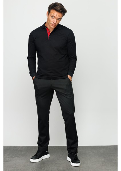 Erkek Polo Yaka Uzun Kollu Sweatshirt Siyah fırsatları