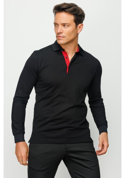 Erkek Polo Yaka Uzun Kollu Sweatshirt Siyah indirimleri
