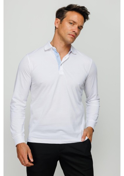Erkek Polo Yaka Uzun Kollu Sweatshirt Beyaz