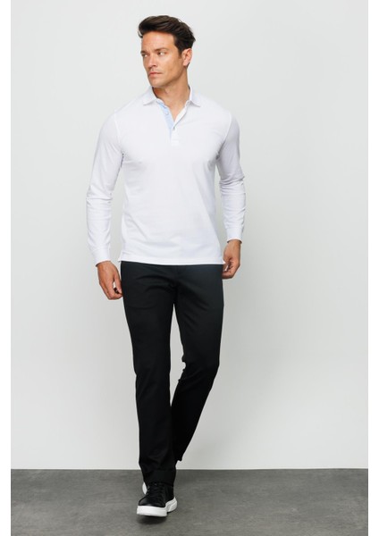 Erkek Polo Yaka Uzun Kollu Sweatshirt Beyaz