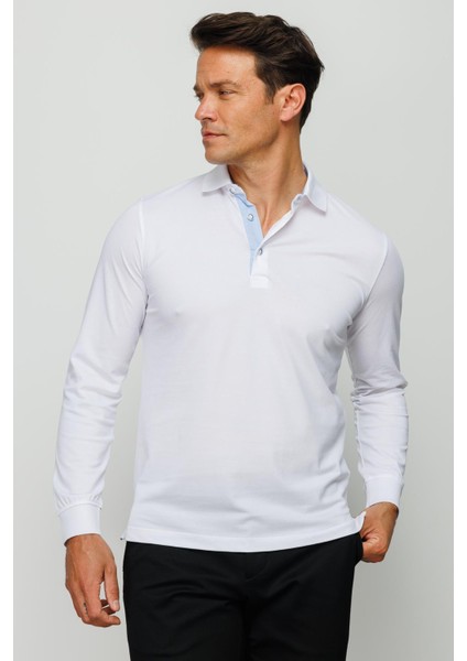 Erkek Polo Yaka Uzun Kollu Sweatshirt Beyaz