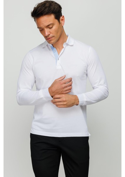 Erkek Polo Yaka Uzun Kollu Sweatshirt Beyaz