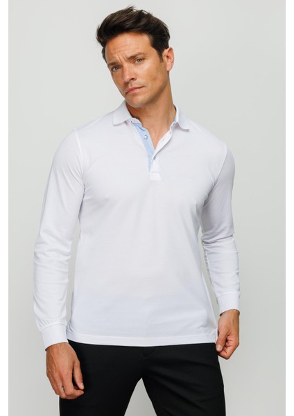 Erkek Polo Yaka Uzun Kollu Sweatshirt Beyaz