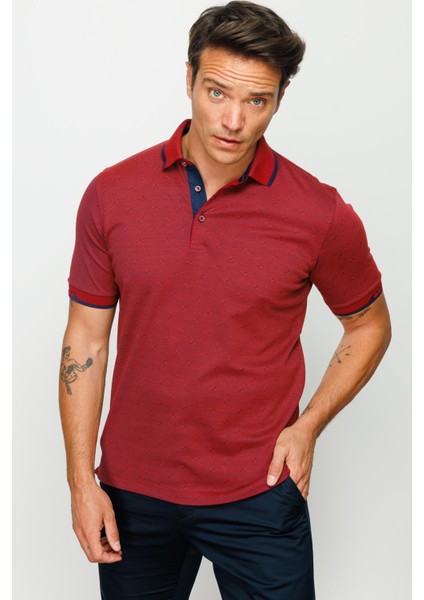 Erkek Polo Yaka Jakarlı Cepli T-Shirt Bordo