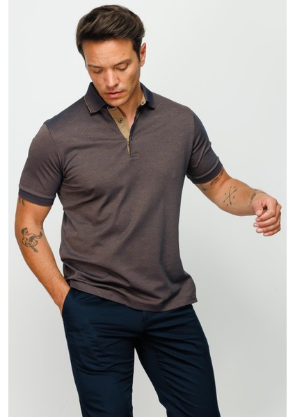 Erkek Polo Yaka Jakarlı Düğmeli T-Shirt Kahve