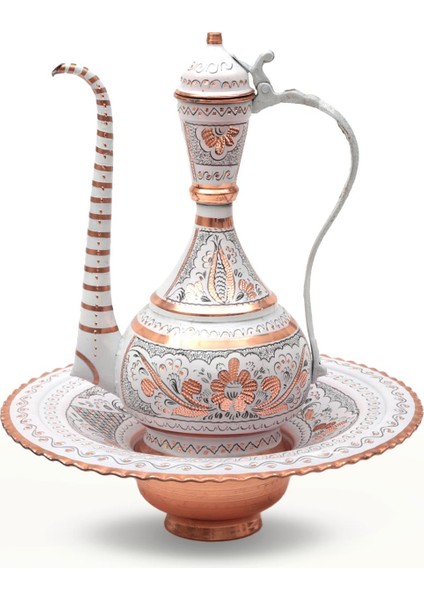 Dekor Amaçlı Erzincan El İşlemeli Bakır Osmanlı Leğenli İbrik Beyaz