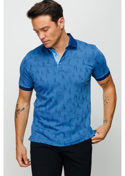 Erkek Polo Yaka Yelken Desenli T-Shirt Saks