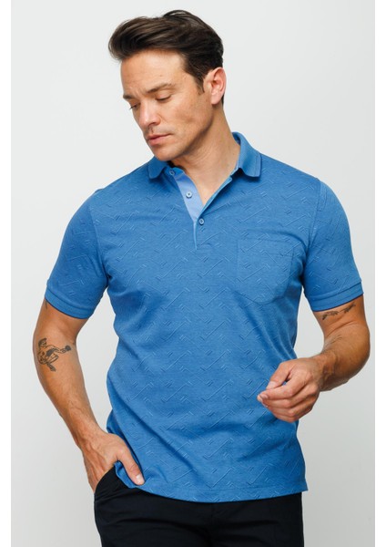 Erkek Polo Yaka Jakarlı Düğmeli Cepli T-Shirt Saks