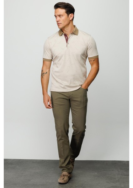 Erkek Polo Yaka Tüy Desenli T-Shirt Bej