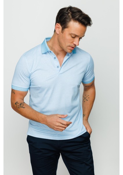 Erkek Polo Yaka Keten Baskılı T-Shirt Turkuaz