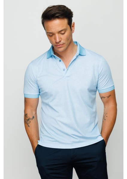 Erkek Polo Yaka Keten Baskılı T-Shirt Turkuaz fiyatları