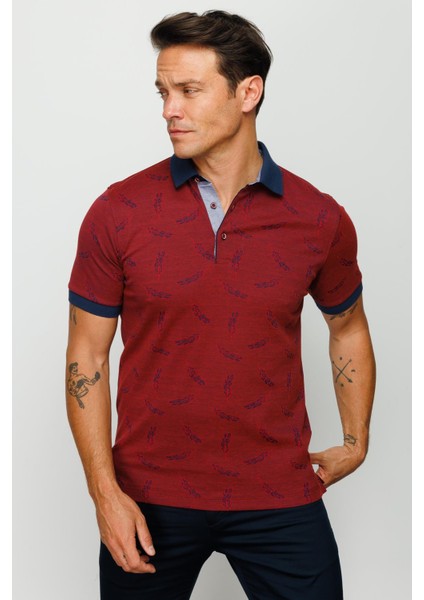 Erkek Polo Yaka Tüy Desenli T-Shirt Bordo