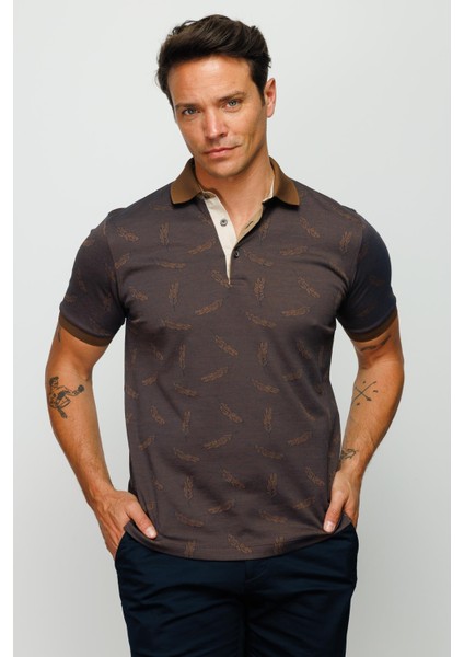 Erkek Polo Yaka Tüy Desenli T-Shirt Kahve