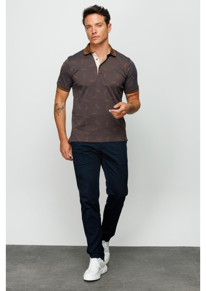 Erkek Polo Yaka Tüy Desenli T-Shirt Kahve