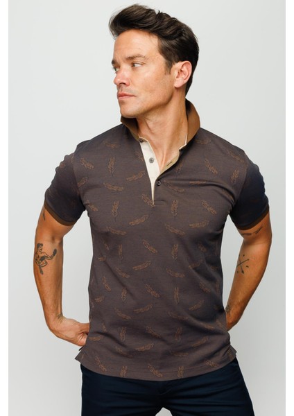 Erkek Polo Yaka Tüy Desenli T-Shirt Kahve