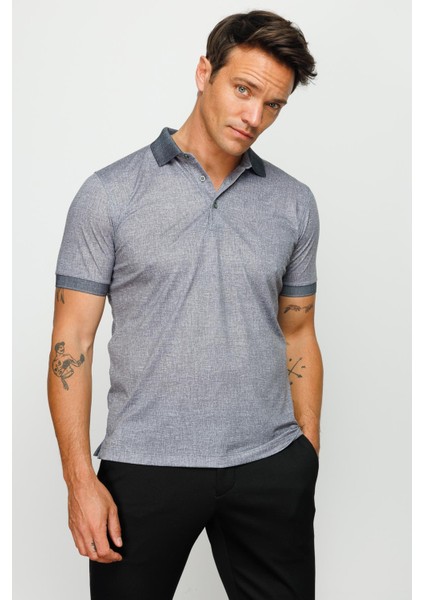 Erkek Polo Yaka Keten Baskılı T-Shirt Siyah