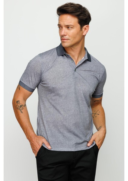 Erkek Polo Yaka Keten Baskılı T-Shirt Siyah indirimleri