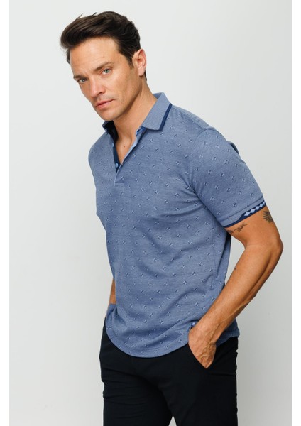 Erkek Polo Yaka Jakarlı T-Shirt Lacivert