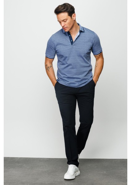 Erkek Polo Yaka Jakarlı T-Shirt Lacivert