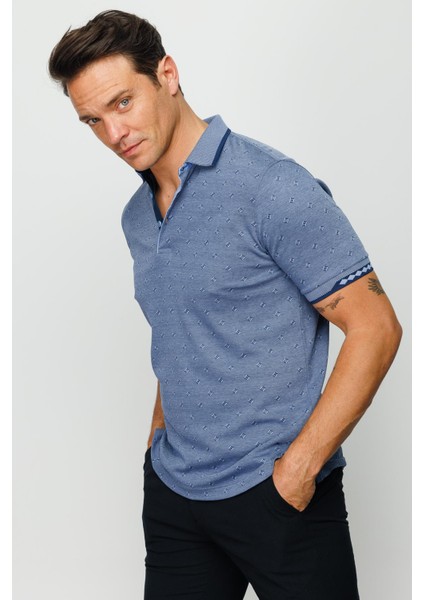 Erkek Polo Yaka Jakarlı T-Shirt Lacivert