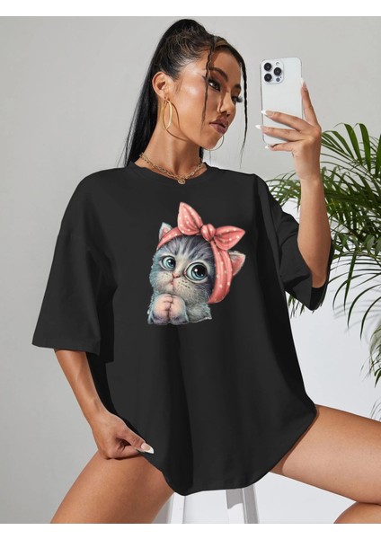 Kadın Sevimli Kedi Baskılı Oversize Tshirt Daxis Sportwear Company
