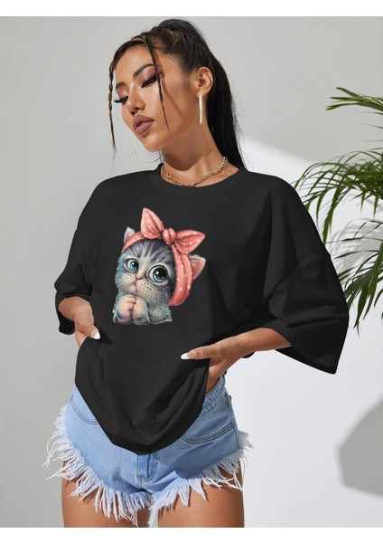 Kadın Sevimli Kedi Baskılı Oversize Tshirt Daxis Sportwear Company fırsatları