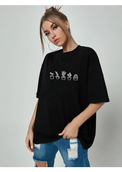 Kadın Kaktüs Baskılı Oversize Tshirt Daxis Sportwear Company