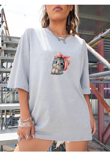 Kadın Sevimli Kedi Baskılı Oversize Tshirt Daxis Sportwear Company