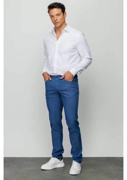 Erkek Beli Lastikli 5 Cepli Koton Pantolon Mavi