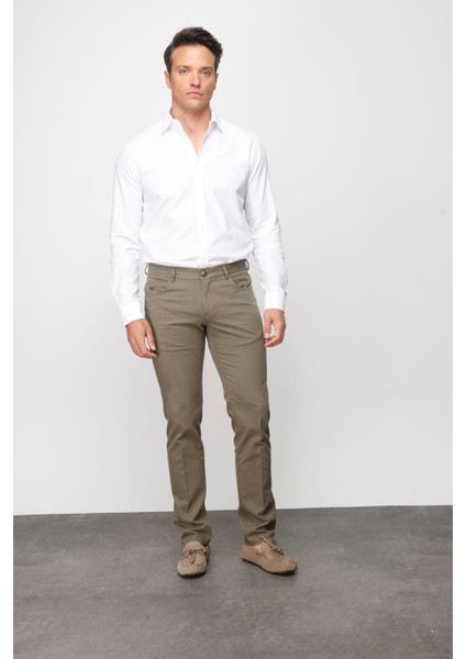 Erkek Beli Lastikli 5 Cepli Koton Pantolon Haki