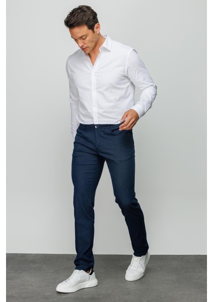 Erkek Beli Lastikli 5 Cepli Koton Pantolon Lacivert