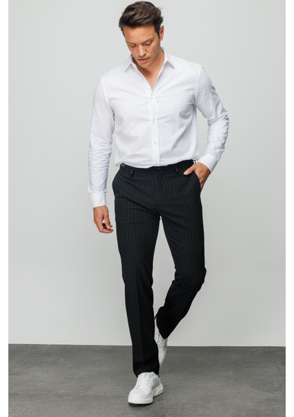 Erkek Beli Lastikli Beyaz Çizgili Koton Pantolon Siyah