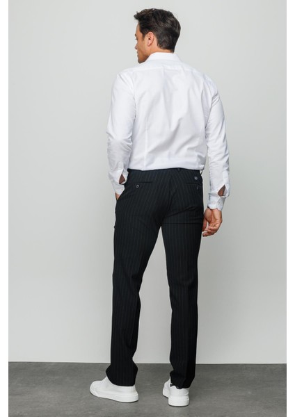 Erkek Beli Lastikli Beyaz Çizgili Koton Pantolon Siyah