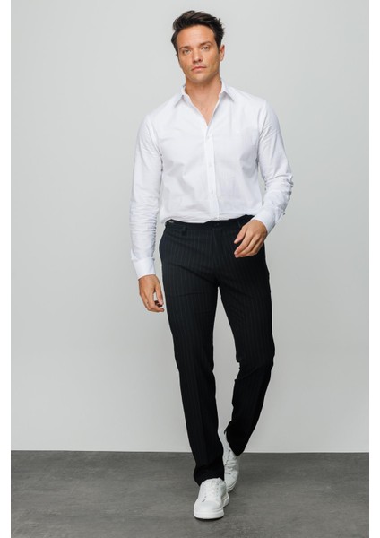 Erkek Beli Lastikli Beyaz Çizgili Koton Pantolon Siyah fırsatları