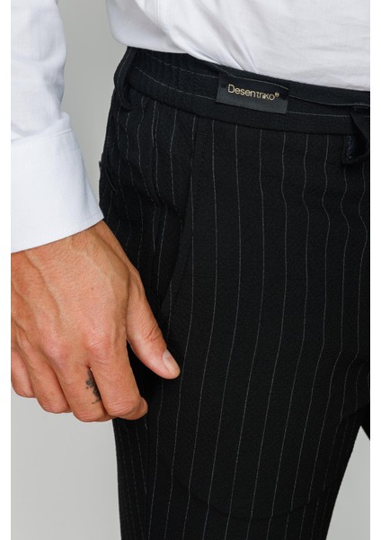 Erkek Beli Lastikli Beyaz Çizgili Koton Pantolon Siyah indirimleri