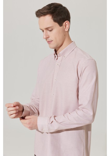 ALTINYILDIZ CLASSICS Erkek Beyaz-kiremit Slim Fit Dar Kesim Düğmeli Yaka Armürlü Gömlek modelleri
