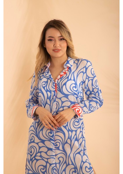 Uzun Gömlek Etnik Mavi BNTS-23010 modelleri