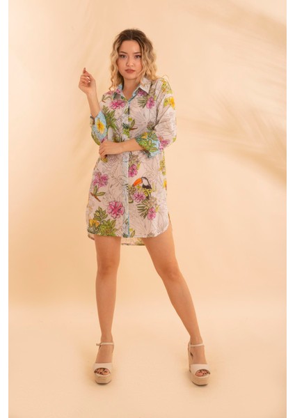 Kısa Gömlek Battal Tropikal Beyaz BNTS-23009-B