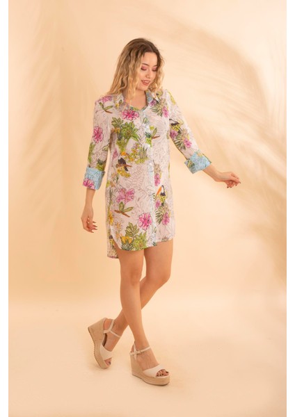 Kısa Gömlek Battal Tropikal Beyaz BNTS-23009-B fiyatları