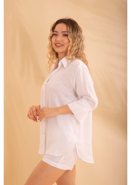Keten Şort Takım Beyaz BNTS-23015