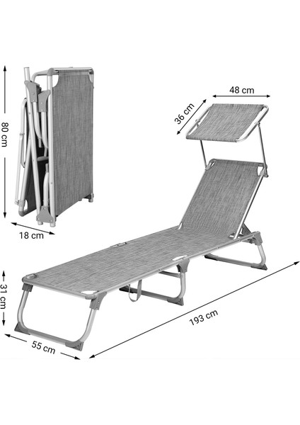 GCB19TG Ayarlanabilir ve Katlanabilir Gölgelikli Şezlong, 55X193X31 Cm, Gri Kırçıllı,