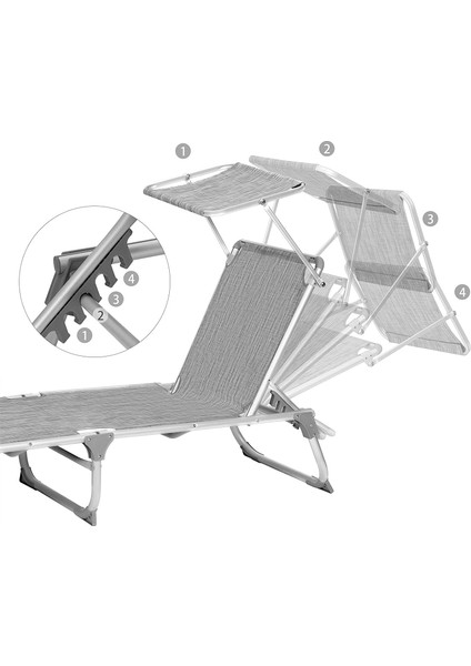 GCB19TG Ayarlanabilir ve Katlanabilir Gölgelikli Şezlong, 55X193X31 Cm, Gri Kırçıllı,