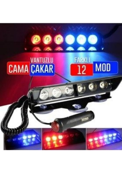 FS Shop S6 Cam Içi Vantuzlu Polis Çakar 6 Ledli Kırmızı Mavi 12 Mod Çakmaklık Girişli